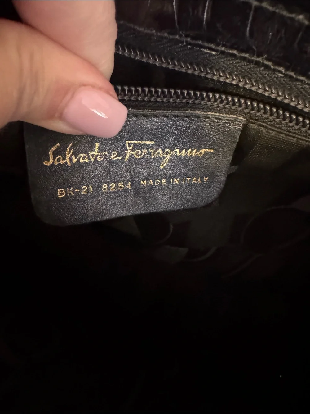 Salvatore Ferragamo Black Croc-Embossed Leather Bag with Gold Hardware